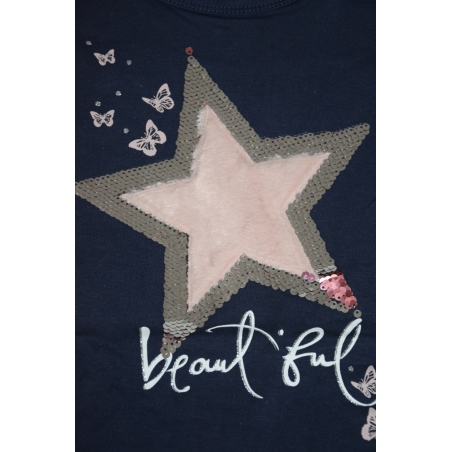 Dívčí triko tunika dlouhý rukáv hvězda - flitry tm.modrá