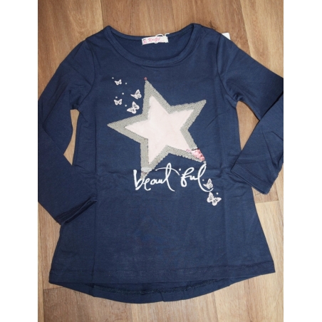 Dívčí triko tunika dlouhý rukáv hvězda - flitry tm.modrá