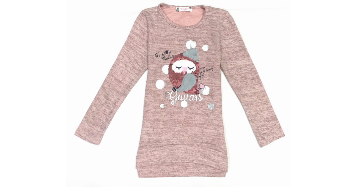 Tričko tunika svetřík dlouhý rukáv sovička s flitry Kugo růžová