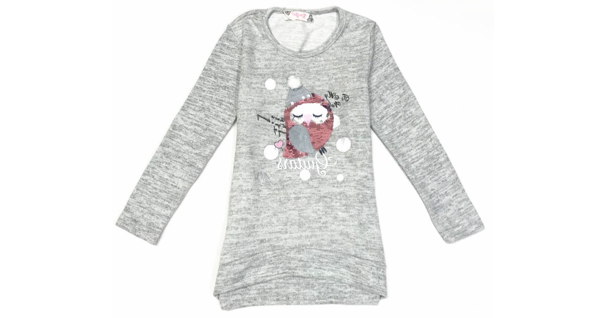 Tričko tunika svetřík dlouhý rukáv sovička s flitry Kugo šedá