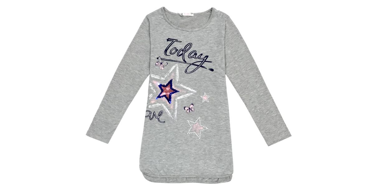 Dívčí tričko - tunika dlouhý rukáv, flitry Kugo, šedá