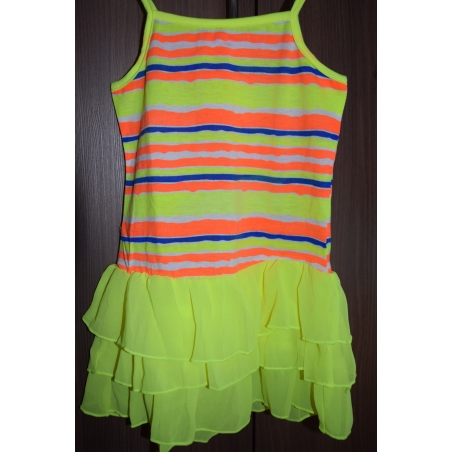 Dívčí letní šaty s neonovými proužky a šifónovými volánky