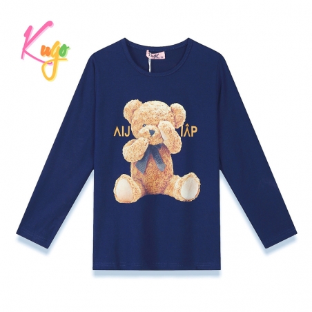 Dívčí tričko dlouhý rukáv Kugo - medvídek DC0005 tm.modrá