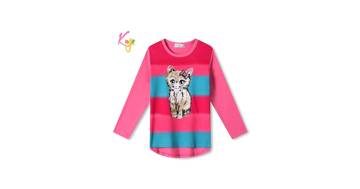 Duhové tričko dlouhý rukáv s kočičkou Kugo  HC0747  tm.růžová