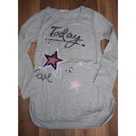 Dívčí tričko - tunika dlouhý rukáv, flitry Kugo, šedá