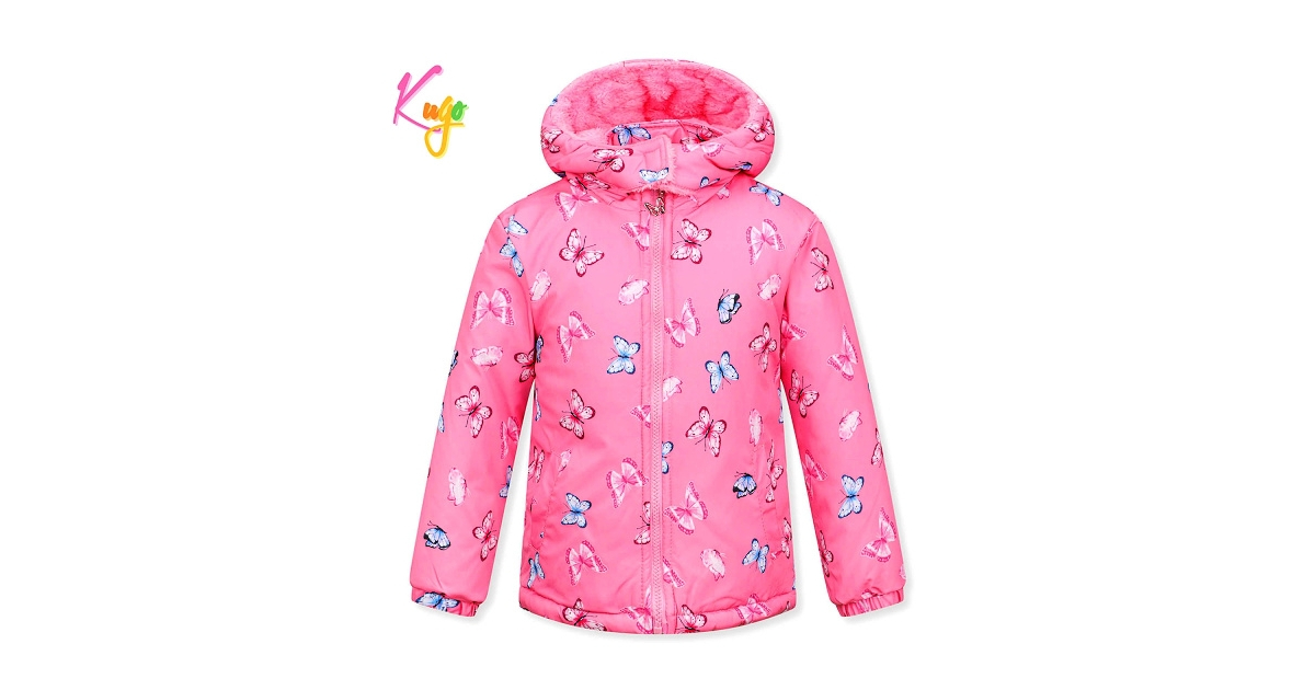 Dívčí zimní bunda s kožíškem a motýlky | Zateplená fleece