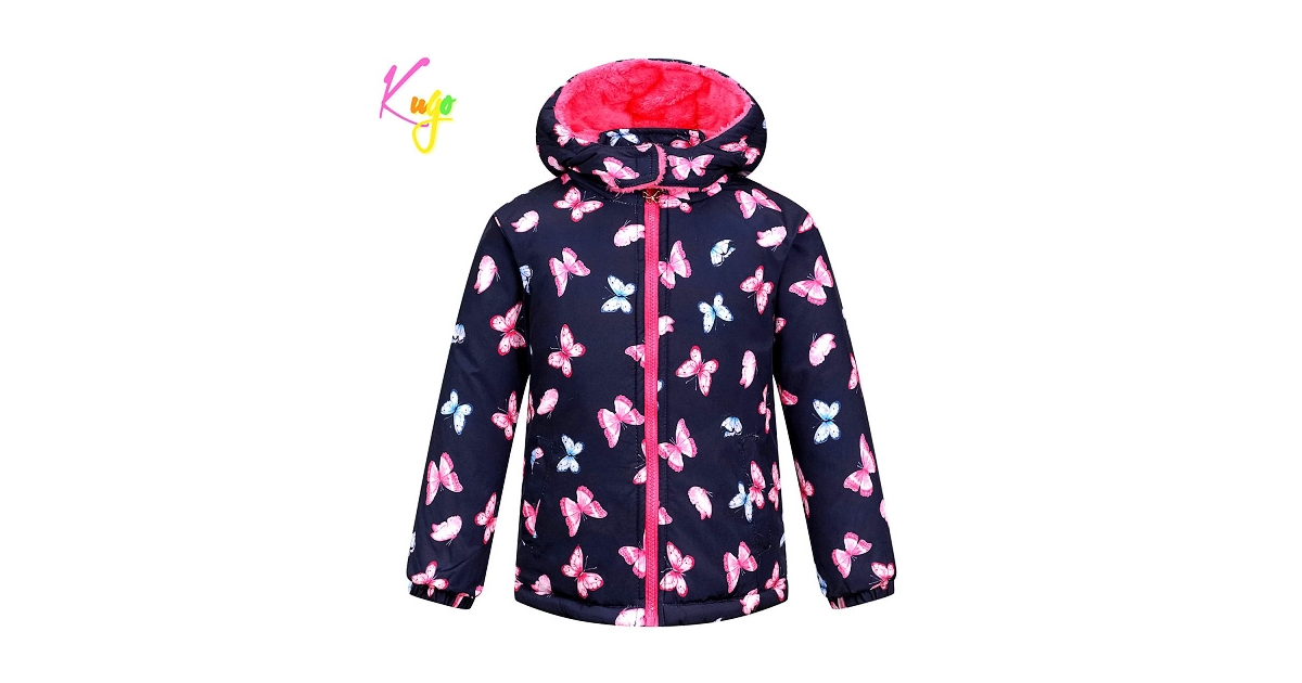 Dívčí zimní bunda s kožíškem a motýlky | Zateplená fleece