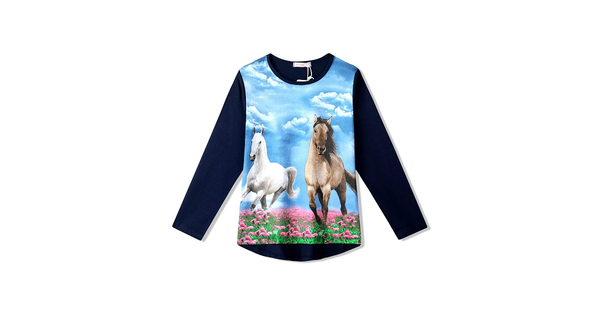Dívčí tričko dlouhý rukáv koně - Kugo tm.modrá
