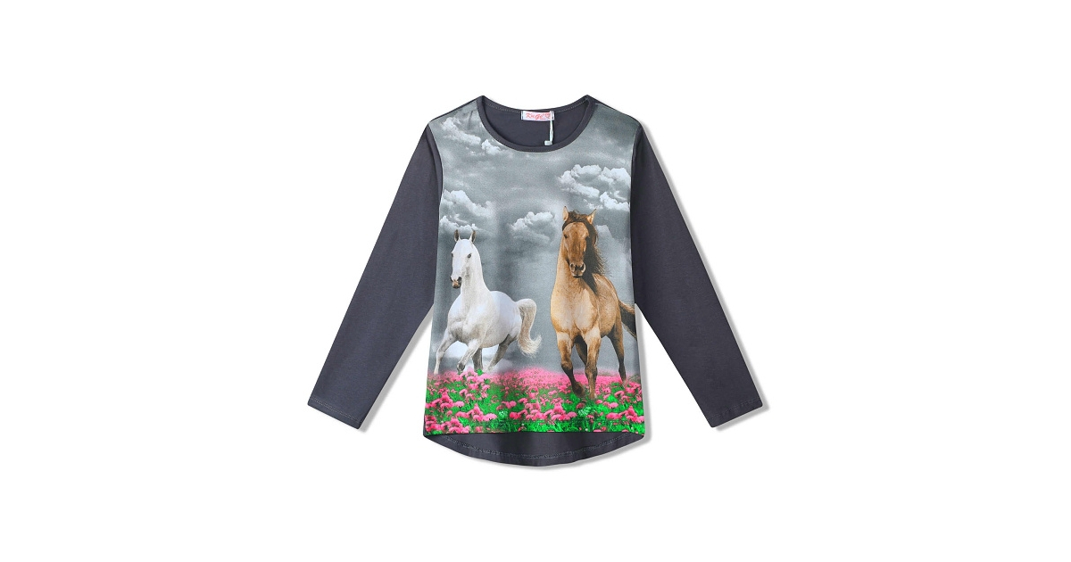 Dívčí tričko dlouhý rukáv koně - Kugo tm.šedá