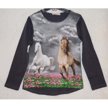 Dívčí tričko dlouhý rukáv koně - Kugo tm.šedá