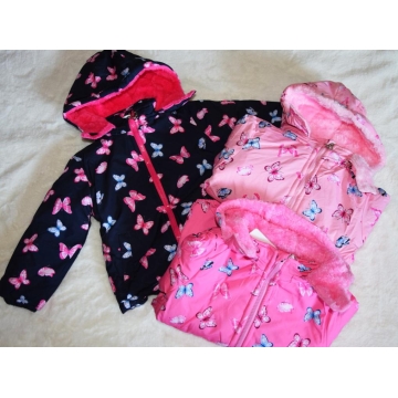 Dívčí zimní bunda s kožíškem a motýlky | Zateplená fleece