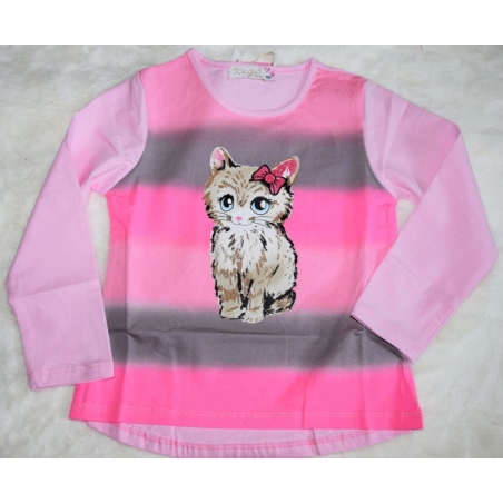 Duhové tričko dlouhý rukáv s kočičkou Kugo  HC0747 sv.růžová