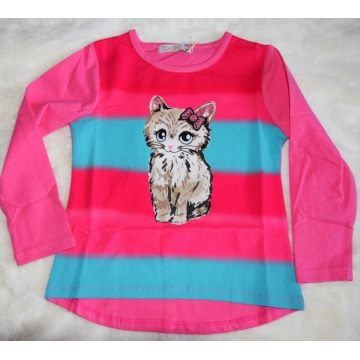 Duhové tričko dlouhý rukáv s kočičkou Kugo  HC0747  tm.růžová