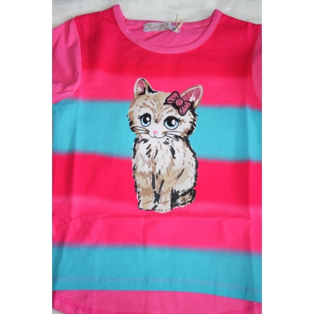 Duhové tričko dlouhý rukáv s kočičkou Kugo  HC0747  tm.růžová