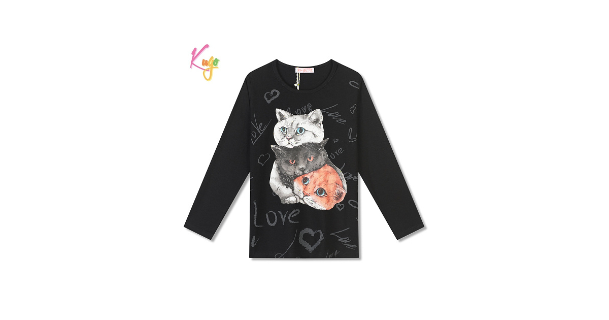 Dívčí tričko Kugo dlouhý rukáv s kočkami FT1216 černá