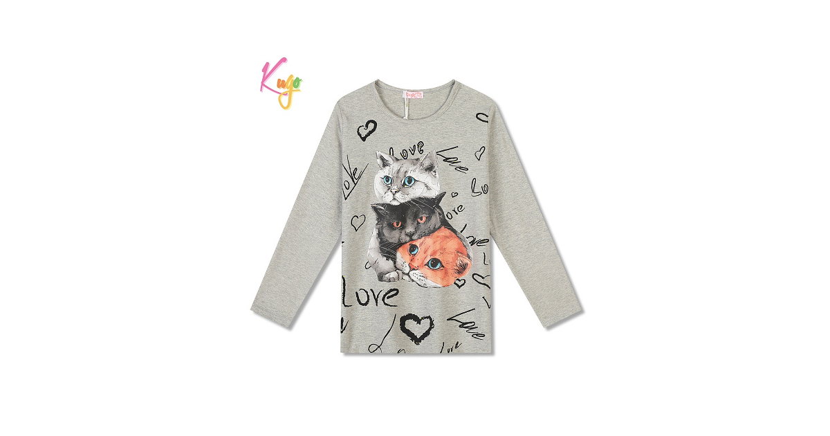 Dívčí tričko Kugo dlouhý rukáv s kočkami FT1216 šedá