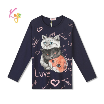 Dívčí tričko Kugo dlouhý rukáv s kočkami FT1216 tm.modrá