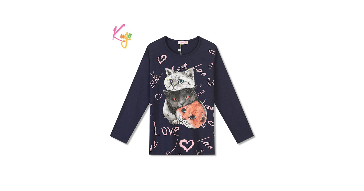 Dívčí tričko Kugo dlouhý rukáv s kočkami FT1216 tm.modrá