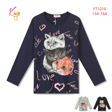 Dívčí tričko Kugo dlouhý rukáv s kočkami FT1216 tm.modrá