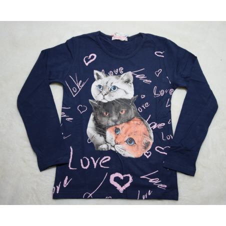 Dívčí tričko Kugo dlouhý rukáv s kočkami FT1216 tm.modrá