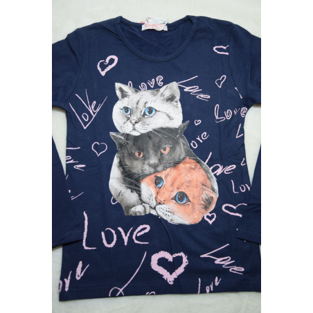 Dívčí tričko Kugo dlouhý rukáv s kočkami FT1216 tm.modrá