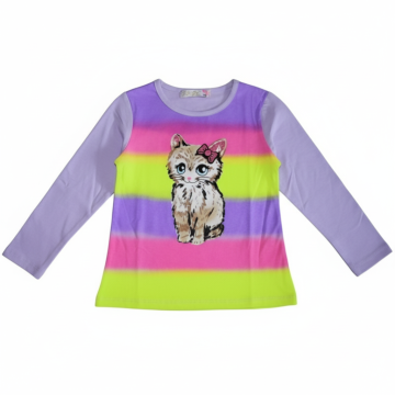 Duhové tričko dlouhý rukáv s kočičkou Kugo  HC0747 fialová
