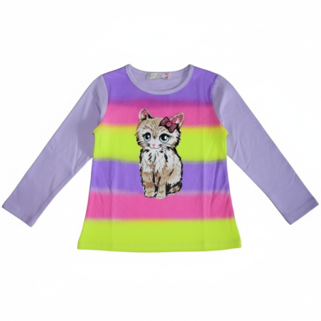 Duhové tričko dlouhý rukáv s kočičkou Kugo  HC0747 fialová