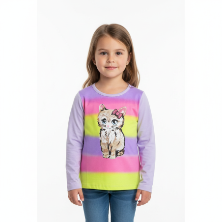 Duhové tričko dlouhý rukáv s kočičkou Kugo  HC0747 fialová