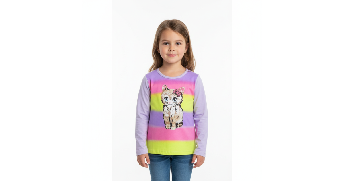 Duhové tričko dlouhý rukáv s kočičkou Kugo  HC0747 fialová