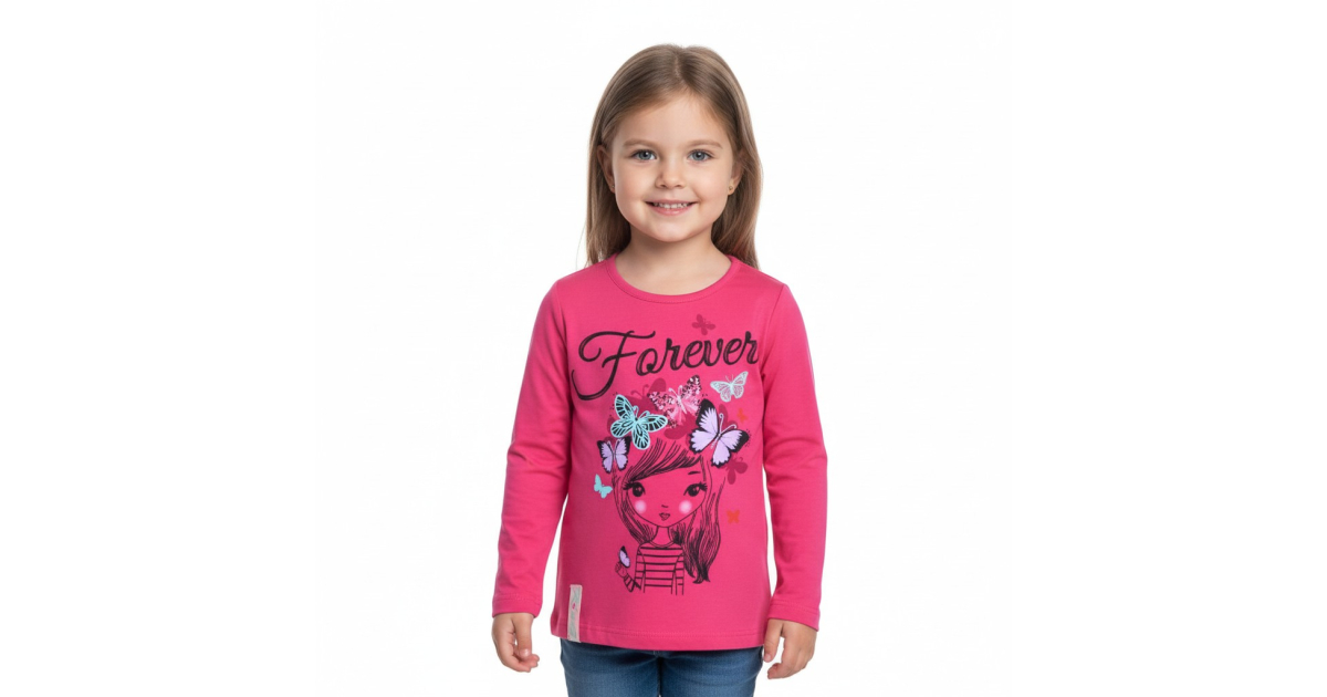Dívčí tričko dlouhý rukáv Kugo holčička s motýlky - růžová
