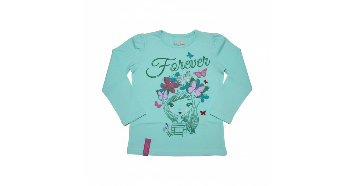 Dívčí tričko dlouhý rukáv Kugo holčička s motýlky - zelinkavá