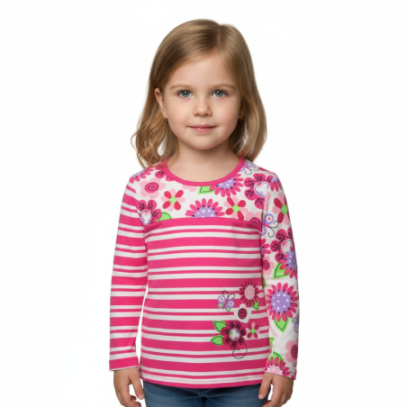 Dívčí tričko dlouhý rukáv proužek Kugo kytičky