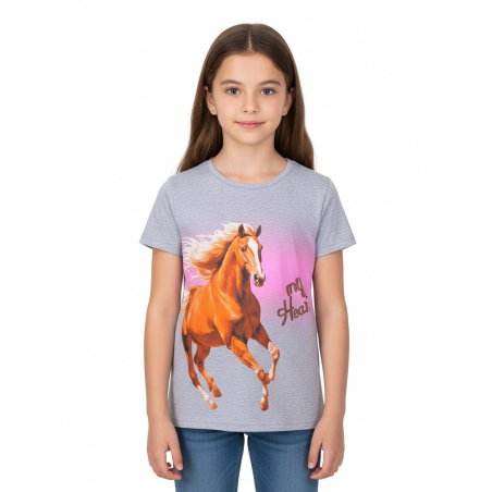 Dívčí letní tričko s koněm - šedé Kugo FL1208