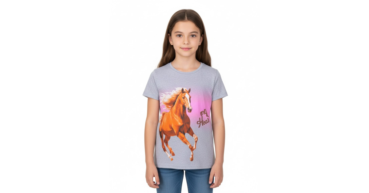 Dívčí letní tričko s koněm - šedé Kugo FL1208